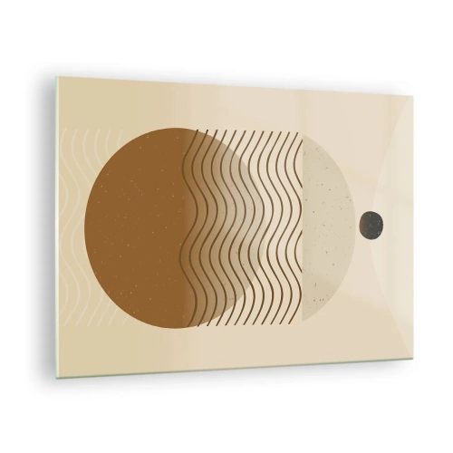 Glasbild - Bild auf glas - Geometrische Komposition mit Wellen und Kreisen in Beigetönen - 70x50cm - Zur Entstehung geometrischer Figuren - Moderne Wanddekoration für Wohnzimmer und Schlafzimmer ARTTOR
