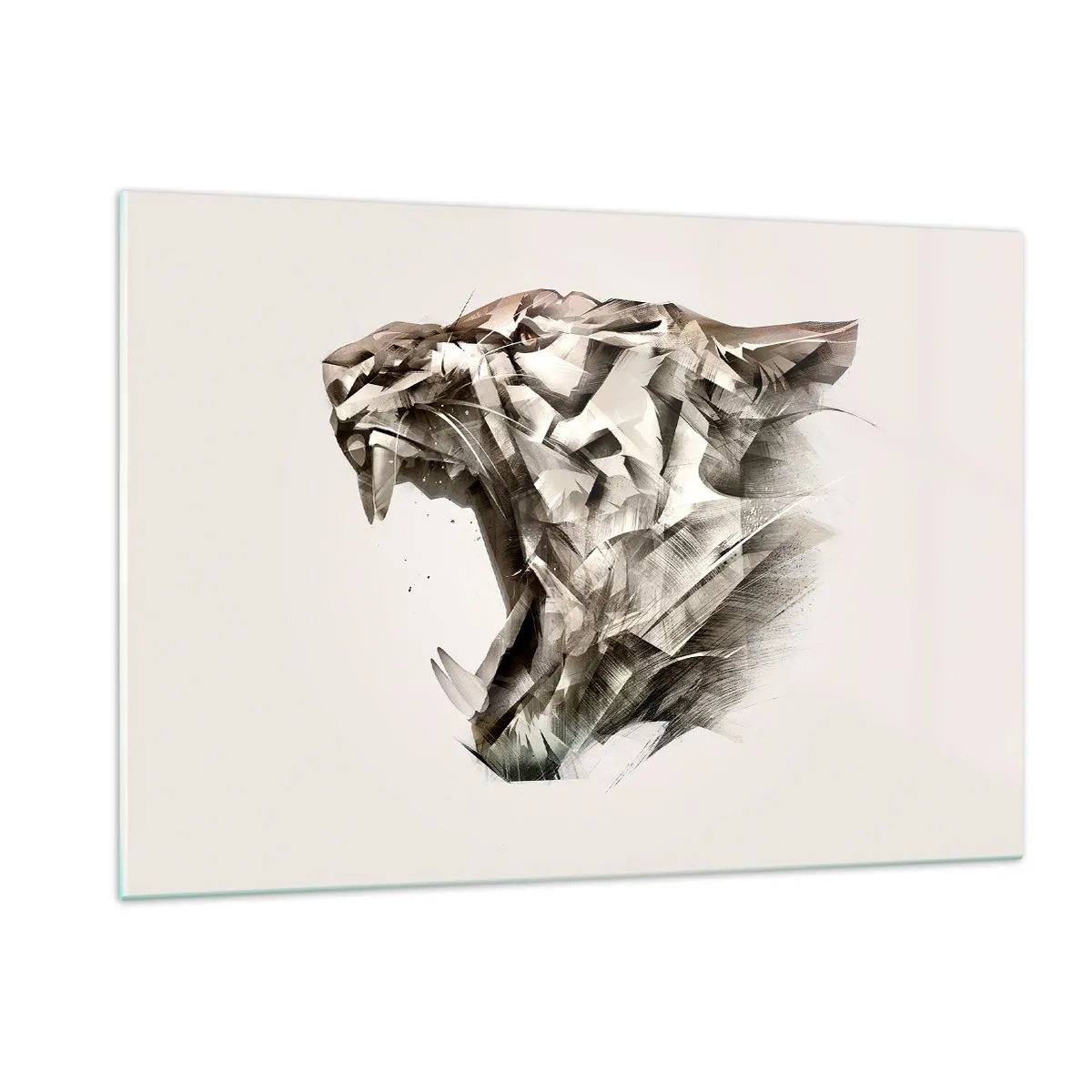 Glasbild - Bild auf glas - Geometrische Darstellung eines brüllenden Tigers auf hellem Hintergrund - 120x80cm - Du weißt schon wer das Sagen hat - Moderne Wanddekoration für Wohnzimmer und Schlafzimmer ARTTOR