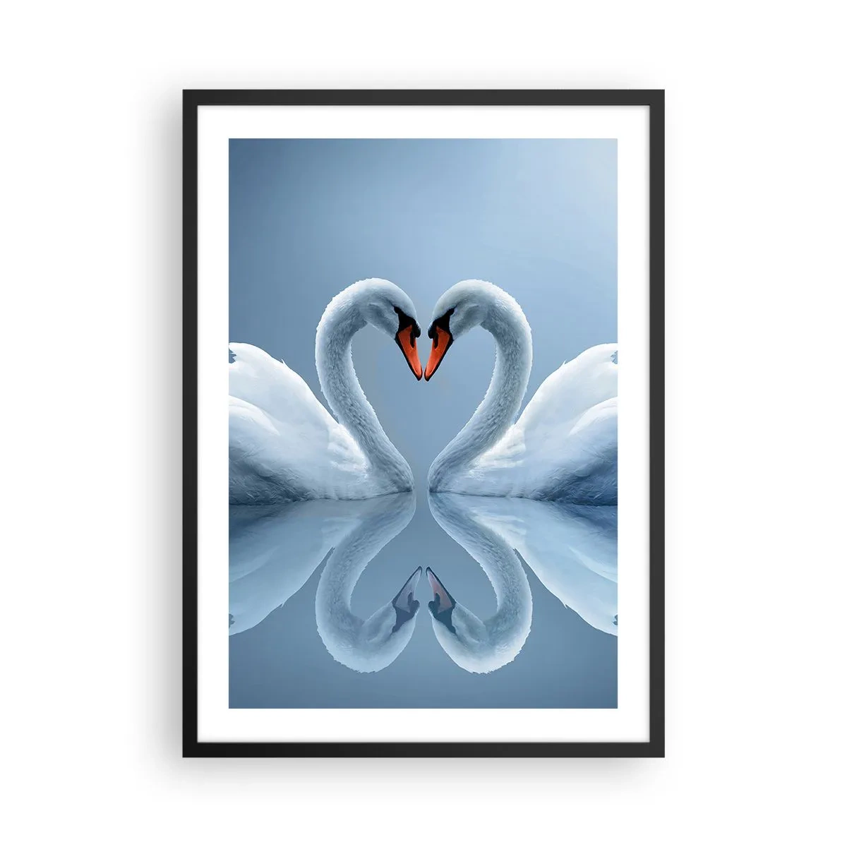 Poster in einem schwarzem Rahmen - Herzförmige Schwäne vor dem Himmel - 50x70cm - Zeit für die Liebe - Moderne Wanddekoration für Wohnzimmer und Schlafzimmer ARTTOR