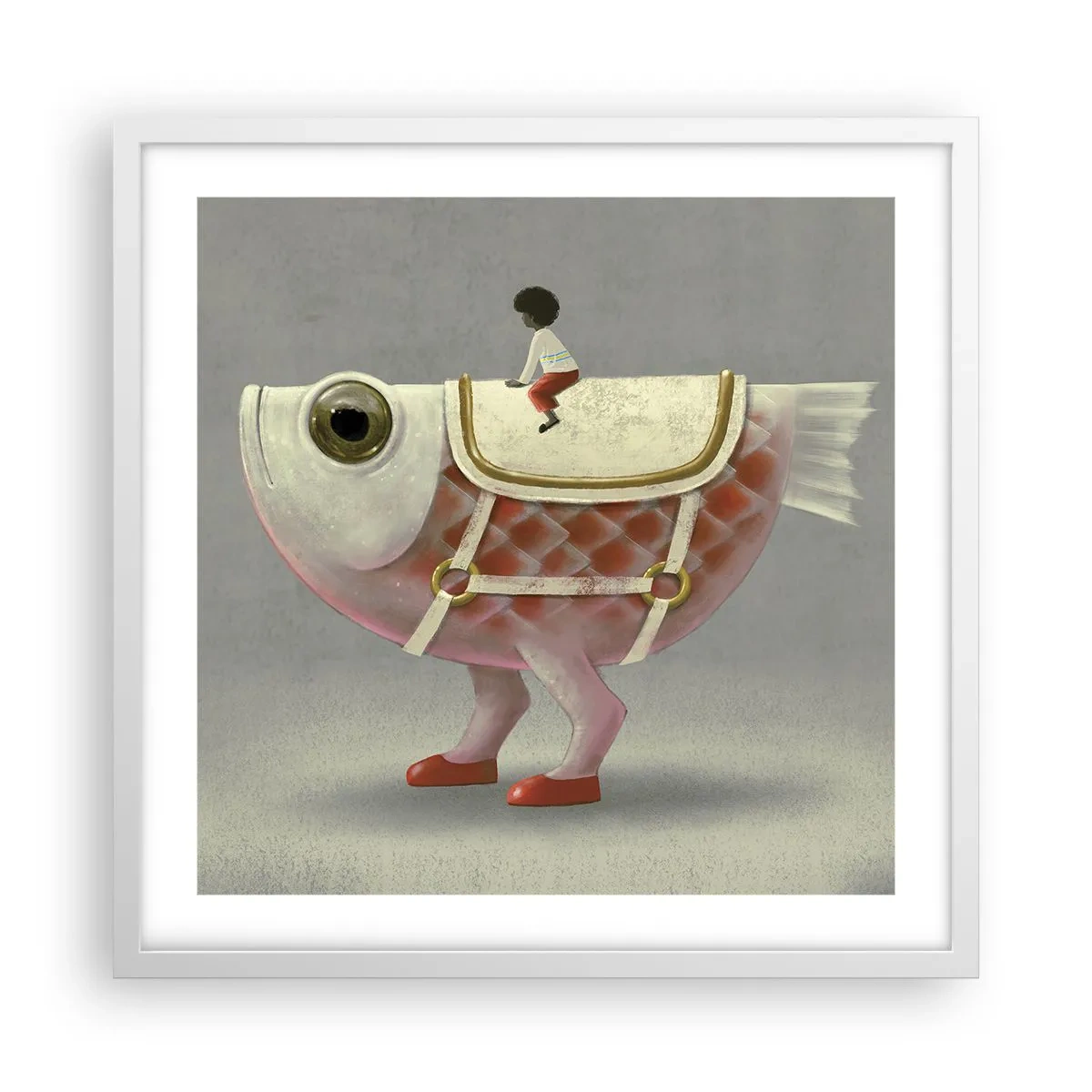 Poster in einem weißen Rahmen - Reiter auf einem surrealen Fisch - 50x50 cm