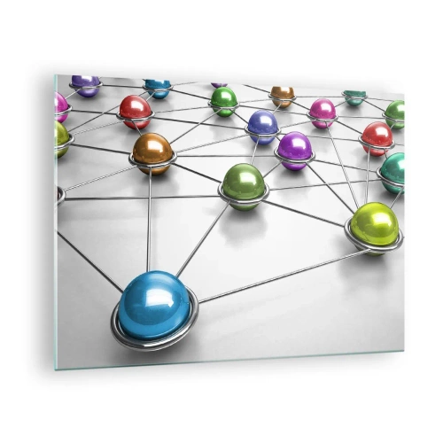 Glasbild - Bild auf glas - Bunte Kugeln, die durch Linien auf hellem Hintergrund verbunden sind - 70x50cm - Kosmisches Spinnennetz - Moderne Wanddekoration für Wohnzimmer und Schlafzimmer ARTTOR