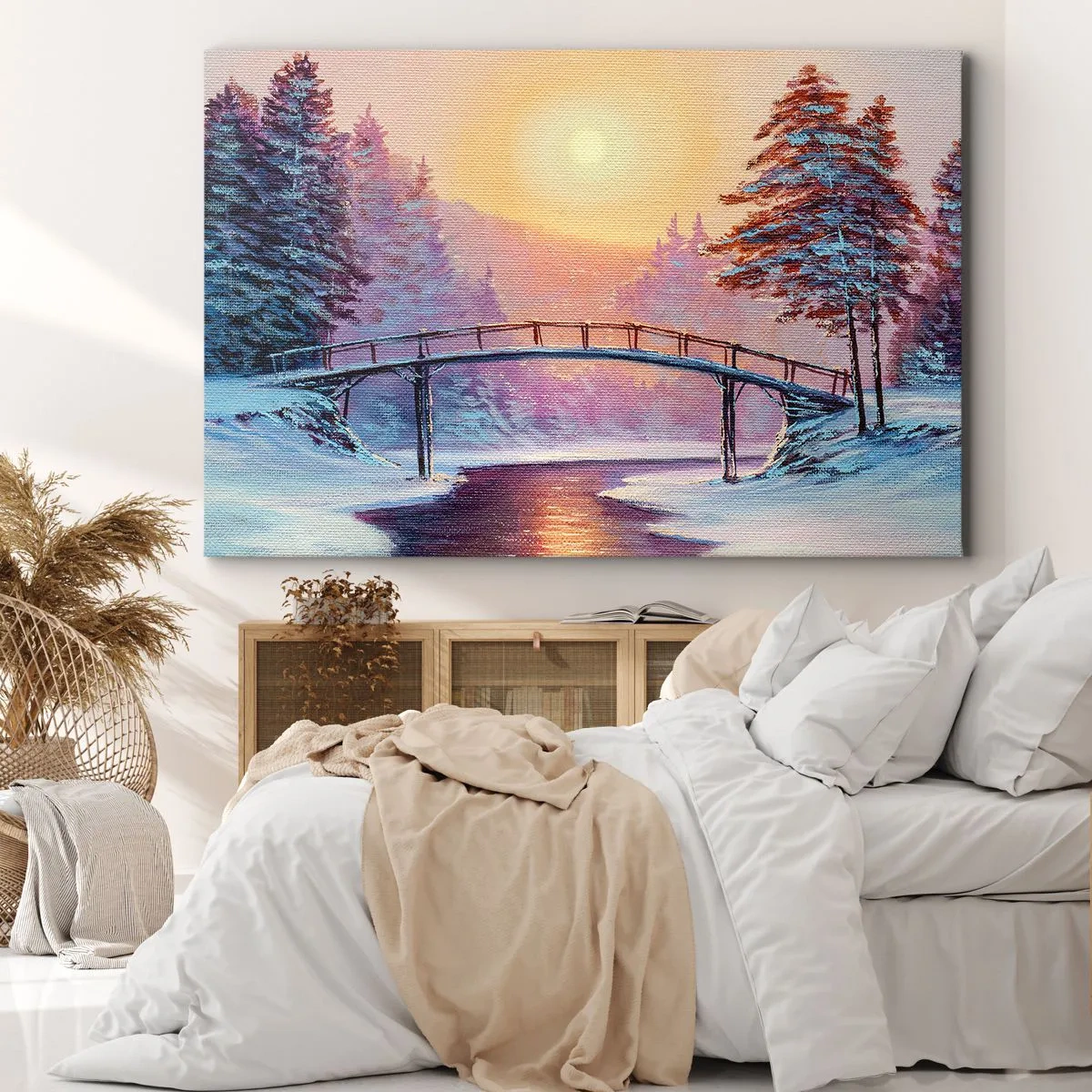 Bild auf Leinwand - Leinwandbild - Winterlandschaft mit einer vom Sonnenuntergang beleuchteten Brücke - 100x70cm - Vier Jahreszeiten - Winter - Moderne Wanddekoration für Wohnzimmer und Schlafzimmer ARTTOR