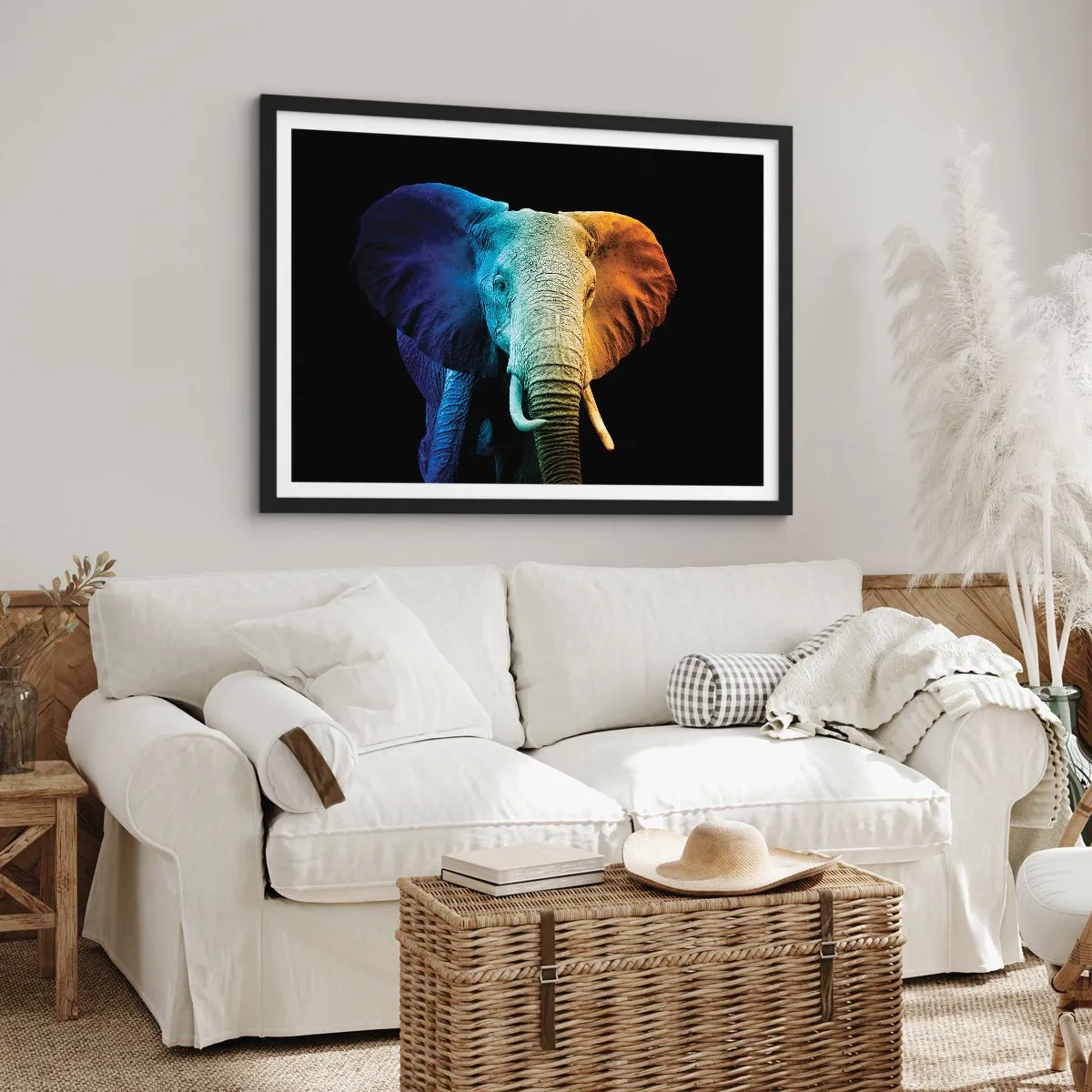 Poster in einem schwarzem Rahmen - Elefantenporträt in Regenbogenfarben - 70x50cm - Exzentrisch, kein Verrückter - Moderne Wanddekoration für Wohnzimmer und Schlafzimmer ARTTOR
