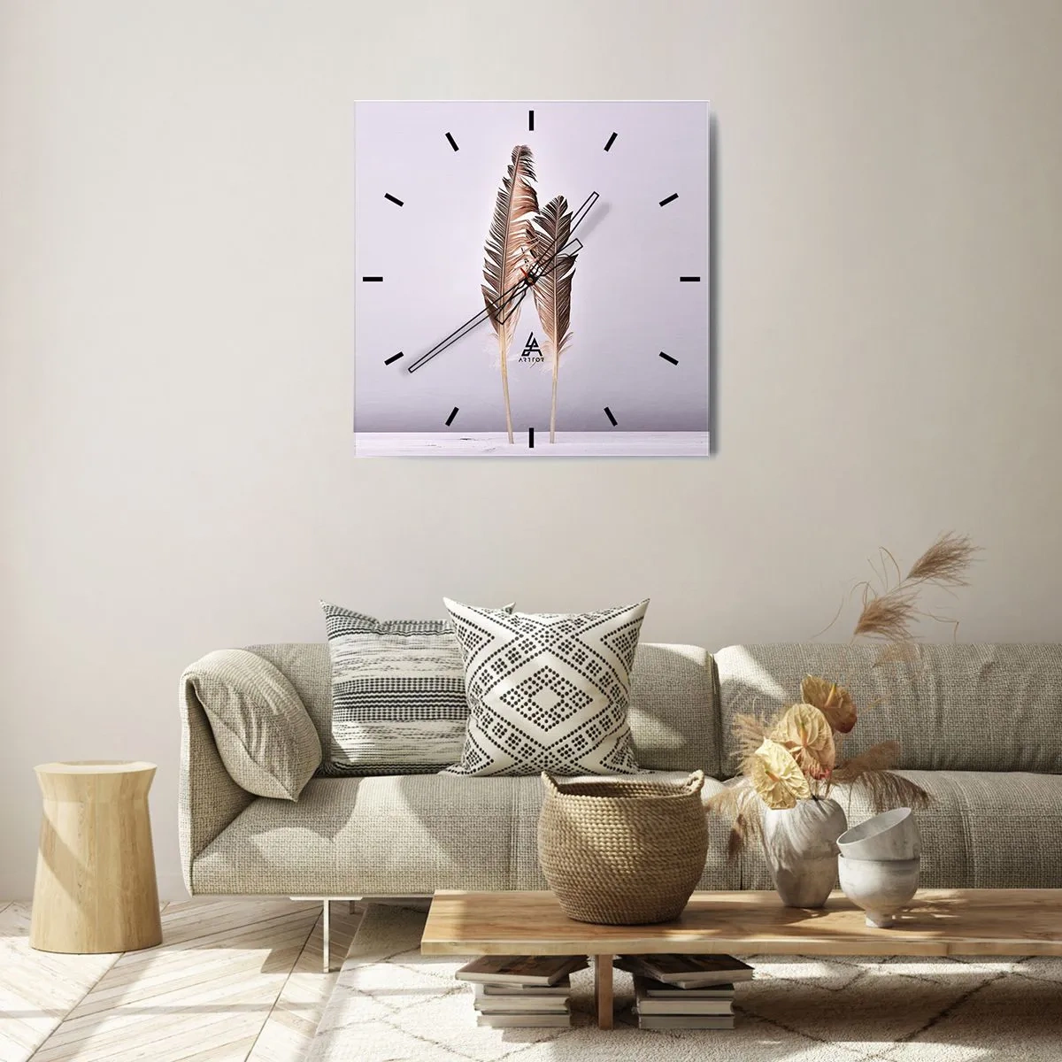 Wanduhr - Glasuhr - Zarte Federn auf hellem Untergrund im minimalistischen Stil - 30x30cm - Gegen das Nichts - Moderne Wanddekoration für Wohnzimmer und Schlafzimmer ARTTOR
