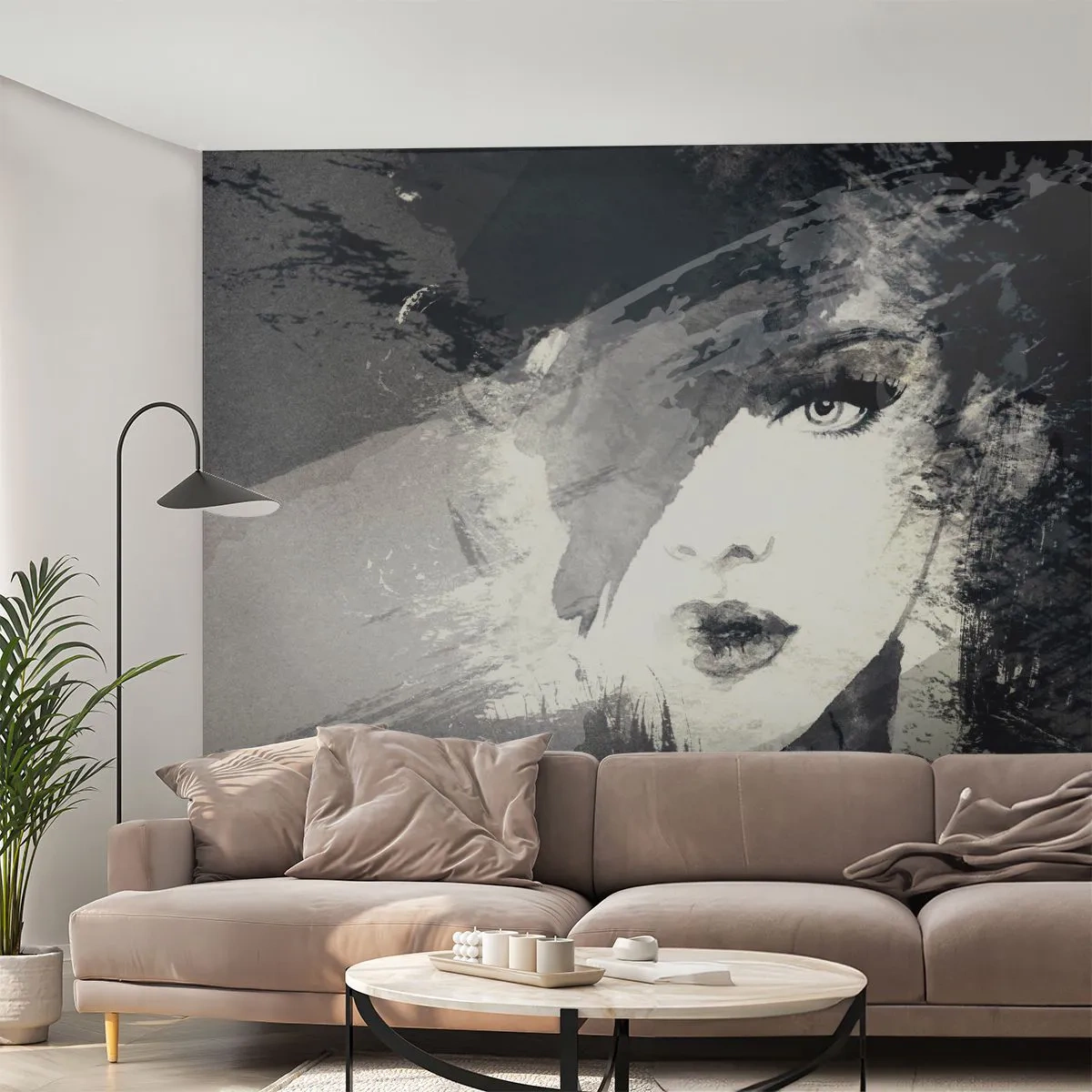 Fototapete Premium Sand - Abstraktes Porträt einer Frau in Schwarz-Weiß-Tönen - 100x70cm - Hinter einem grauen Schleier - Moderne Wanddekoration für Wohnzimmer und Schlafzimmer ARTTOR