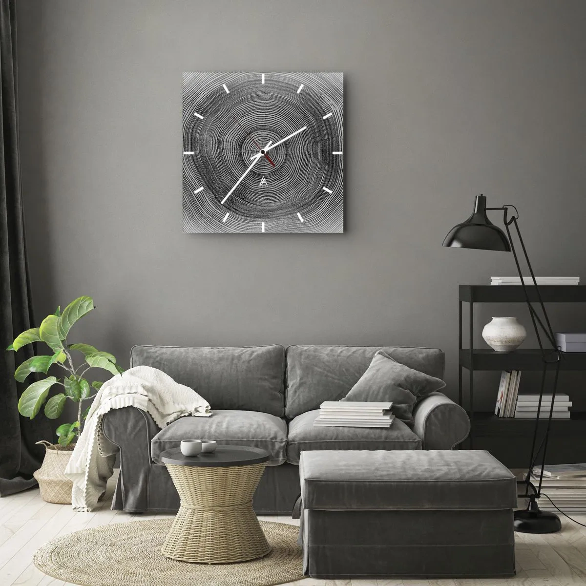 Wanduhr - Glasuhr - Schwarz-weißes Baumringmuster, das einen Querschnitt des Stammes zeigt - 30x30cm - Zeichen der Zeit - Moderne Wanddekoration für Wohnzimmer und Schlafzimmer ARTTOR