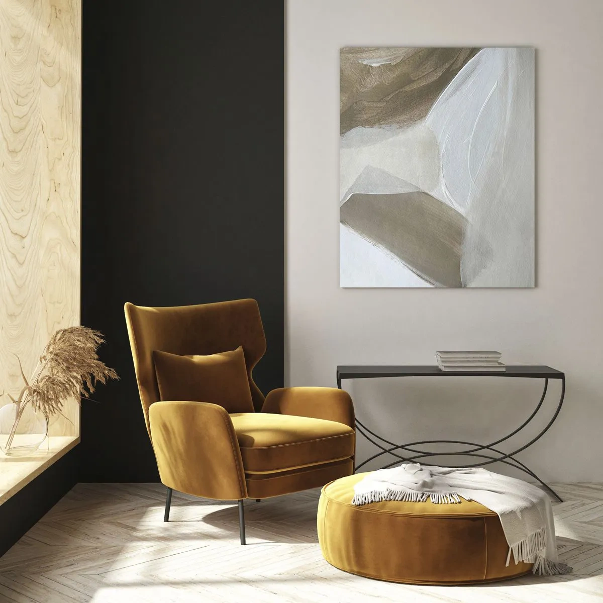 Glasbild - Bild auf glas - Eine zarte Abstraktion in Weiß und Beige mit weichen Strichen. - 50x70cm - Welle aus Weiß - Moderne Wanddekoration für Wohnzimmer und Schlafzimmer ARTTOR