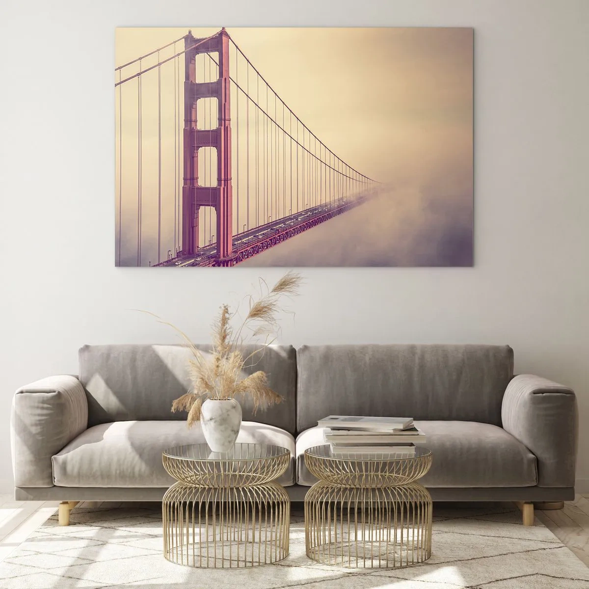 Glasbild - Bild auf glas - San Franciscos Golden Gate Bridge in einer nebligen Landschaft - 120x80cm - Zwischen Himmel und Erde - Moderne Wanddekoration für Wohnzimmer und Schlafzimmer ARTTOR