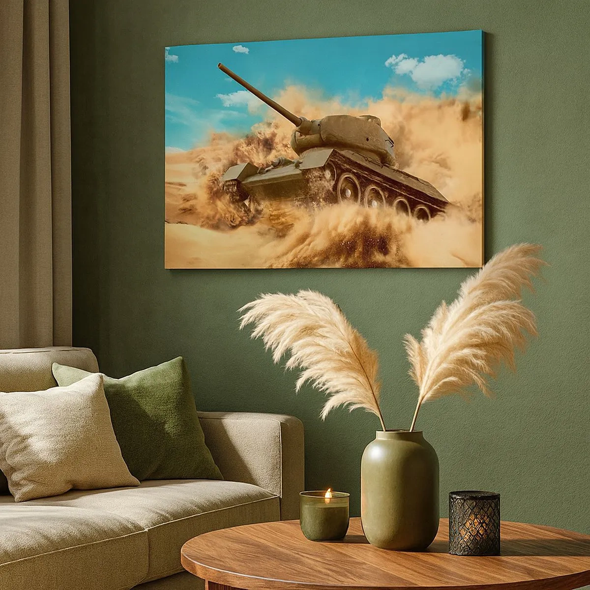 Bild auf Leinwand - Leinwandbild - Ein Panzer im Einsatz in der Wüste, umgeben von Sandstaub. - 70x50cm - Nicht zu besiegen - Moderne Wanddekoration für Wohnzimmer und Schlafzimmer ARTTOR