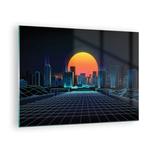 Glasbild - Bild auf glas - Futuristisches Stadtpanorama mit Sonnenuntergang - 70x50cm - Willst du immer noch zu Real gehen? - Moderne Wanddekoration für Wohnzimmer und Schlafzimmer ARTTOR
