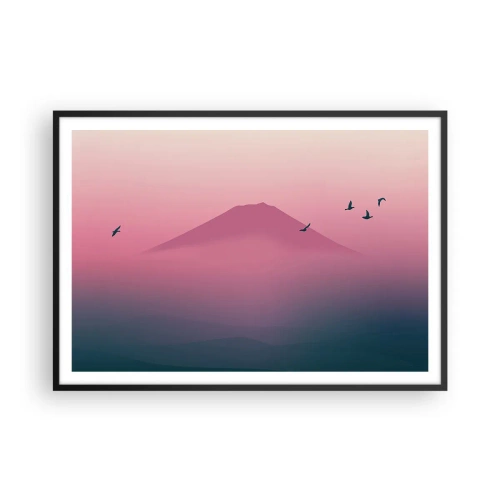 Poster in einem schwarzem Rahmen - Eine minimalistische Landschaft mit einem Berg und Vögeln bei Sonnenaufgang - 100x70cm - Wanderer über den Wolken - Moderne Wanddekoration für Wohnzimmer und Schlafzimmer ARTTOR