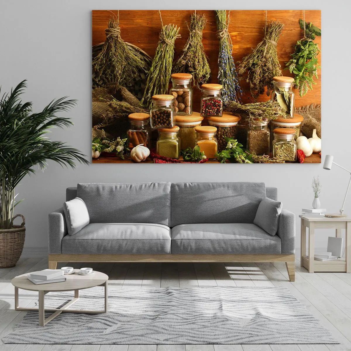 Glasbild - Bild auf glas - Kräuter und Gewürze in Gläsern auf einem hölzernen Hintergrund - 120x80cm - Küchenzauber - Moderne Wanddekoration für Wohnzimmer und Schlafzimmer ARTTOR