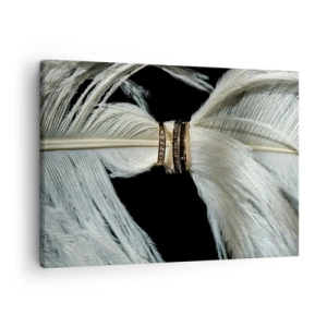 Bild auf Leinwand - Leinwandbild - Eine weiße Feder mit zwei goldenen Ringen auf schwarzem Hintergrund - 70x50cm - ... und ich werde dich nicht verlassen ... - Moderne Wanddekoration für Wohnzimmer und Schlafzimmer ARTTOR