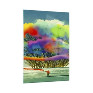 Glasbild - Bild auf glas - Eine bunte Rauchexplosion vor dem Hintergrund eines einsamen Baumes. - 50x70cm - Erwecke diese Welt zum Leben - Moderne Wanddekoration für Wohnzimmer und Schlafzimmer ARTTOR