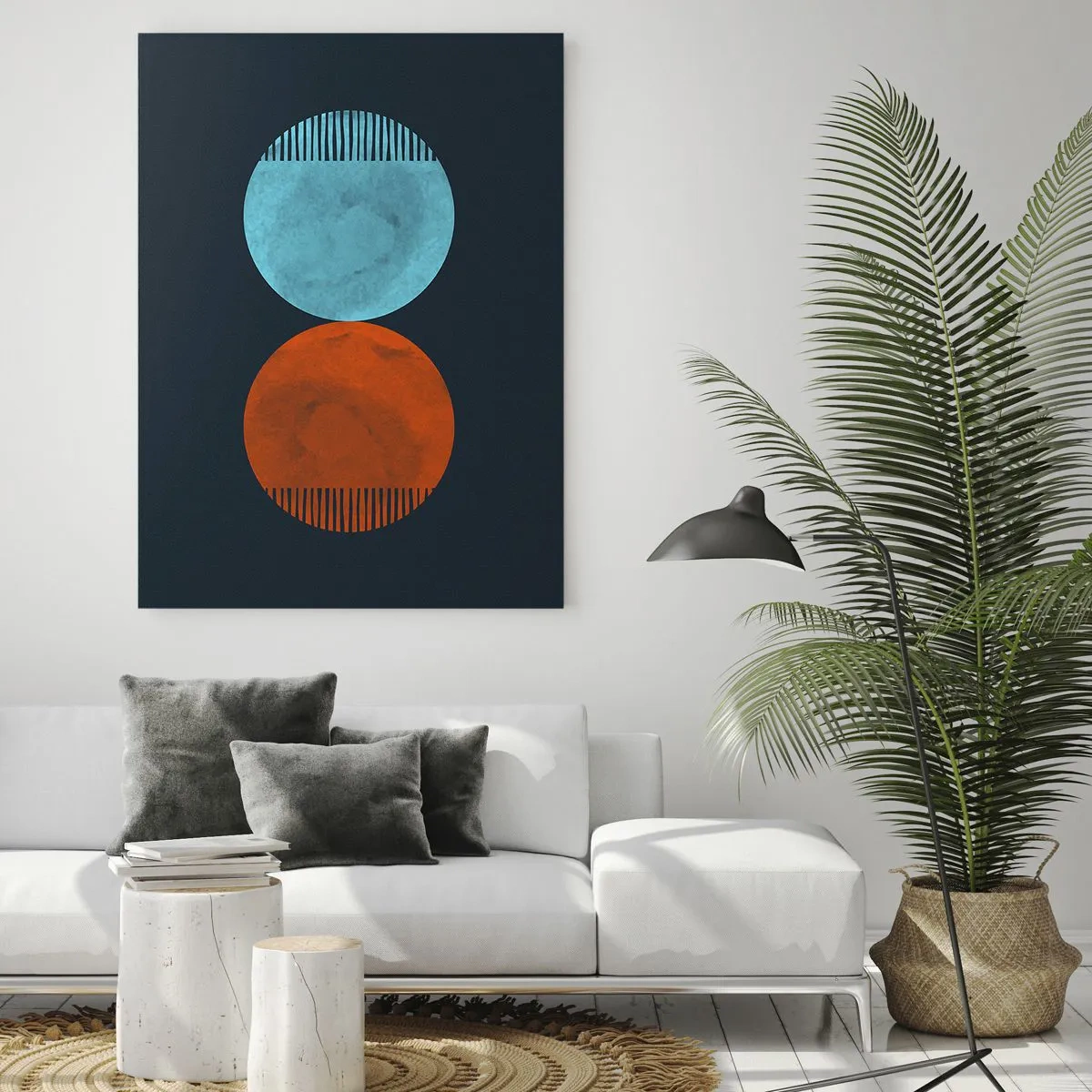 Glasbild - Bild auf glas - Abstrakte Kreise in Blau und Orange - 50x70cm - Nur Geometrie? - Moderne Wanddekoration für Wohnzimmer und Schlafzimmer ARTTOR
