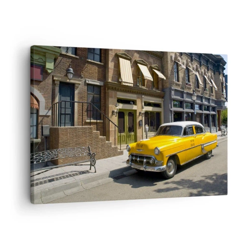 Bild auf Leinwand - Leinwandbild - Ein gelbes Taxi auf einer Straße mit Mietshäusern - 70x50cm - Vor langer Zeit in Amerika - Moderne Wanddekoration für Wohnzimmer und Schlafzimmer ARTTOR
