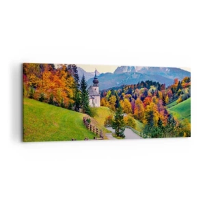 Bild auf Leinwand - Leinwandbild - Herbstliche Berglandschaft mit Kapelle und Sonnenuntergang - 120x50cm - Landschaftsartige Malerei - Moderne Wanddekoration für Wohnzimmer und Schlafzimmer ARTTOR