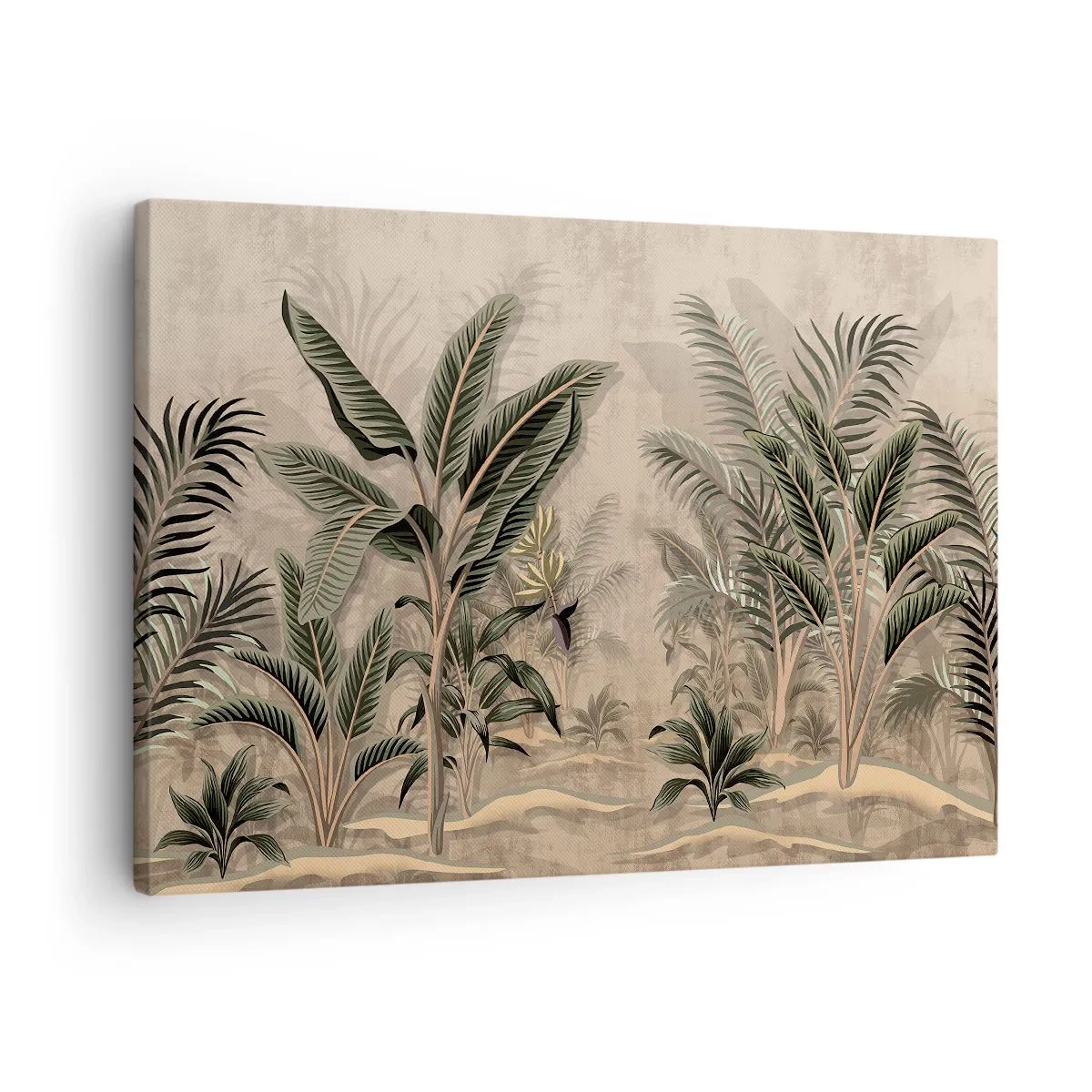 Bild auf Leinwand - Leinwandbild - Palmen und tropische Vegetation in Grüntönen auf beigem Hintergrund - 70x50cm - Eine Gravur im Kolonialstil - Moderne Wanddekoration für Wohnzimmer und Schlafzimmer ARTTOR