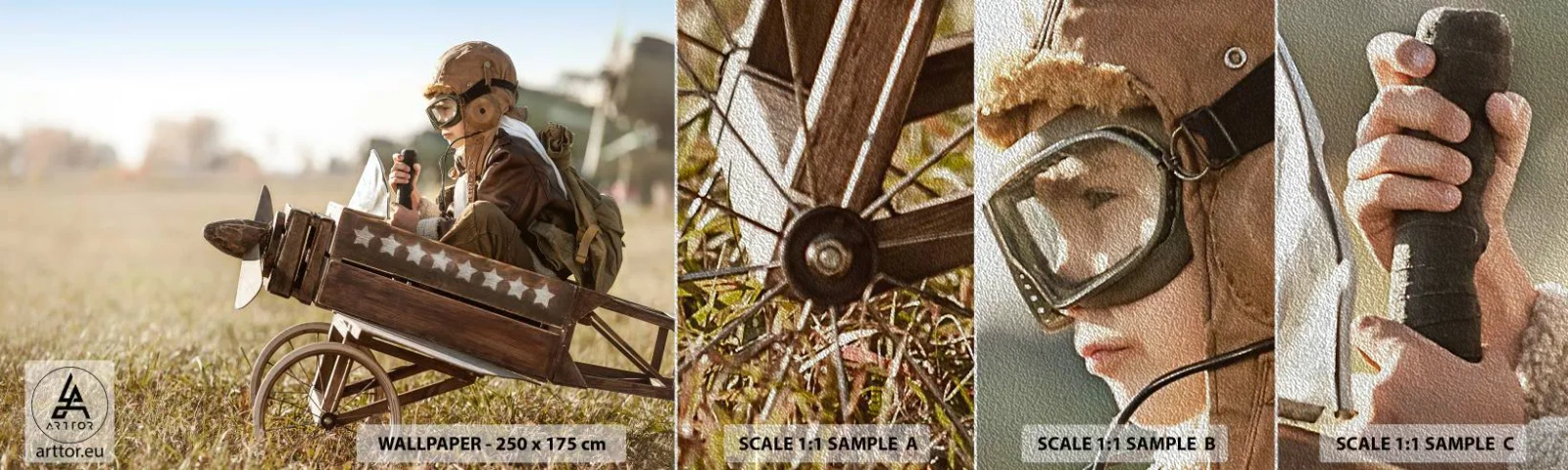 Fototapeten Muster Premium Sand - Start in Richtung eines Traums - Junge, Flugzeug, Jahrgang - 100x30 cm