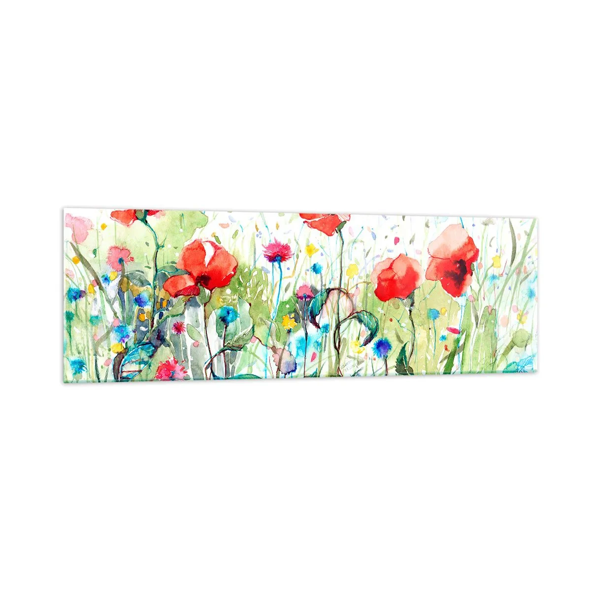 Glasbild - Bild auf glas - Eine Wiese mit roten Mohnblumen und bunten Blumen in Aquarell - 160x50cm - Blühende Maiwiese - Moderne Wanddekoration für Wohnzimmer und Schlafzimmer ARTTOR
