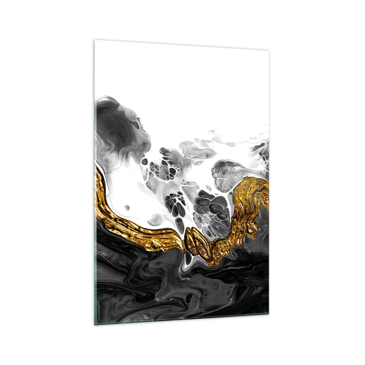 Glasbild - Bild auf glas - Eine abstrakte Komposition mit Akzenten in Gold und Schwarz. - 70x100cm - Organische Komposition - Moderne Wanddekoration für Wohnzimmer und Schlafzimmer ARTTOR
