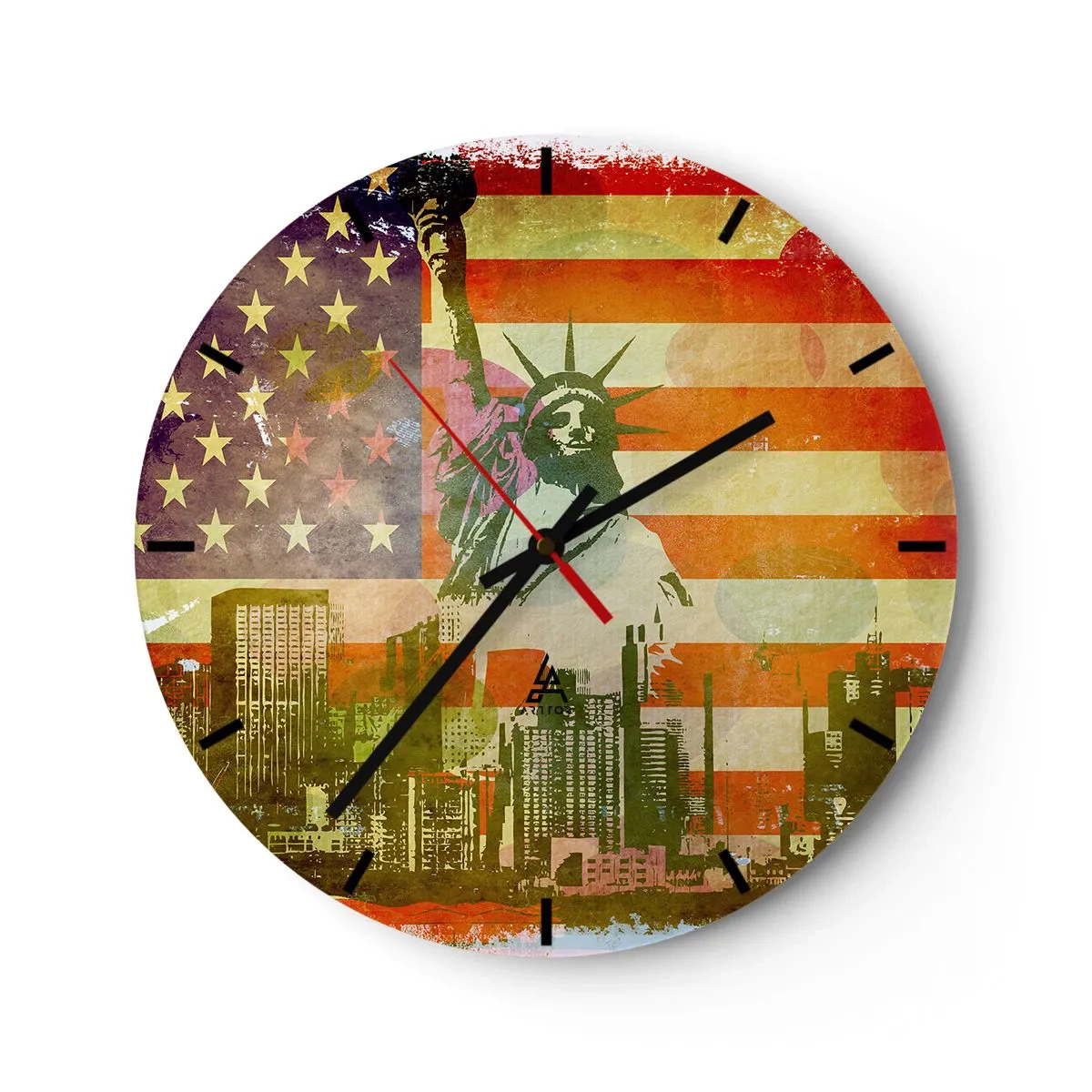 Wanduhr - Glasuhr - Die Freiheitsstatue vor dem Hintergrund der US-Flagge und des Stadtbildes - 30x30cm - Viva Amerika! - Moderne Wanddekoration für Wohnzimmer, Küche und Schlafzimmer ARTTOR