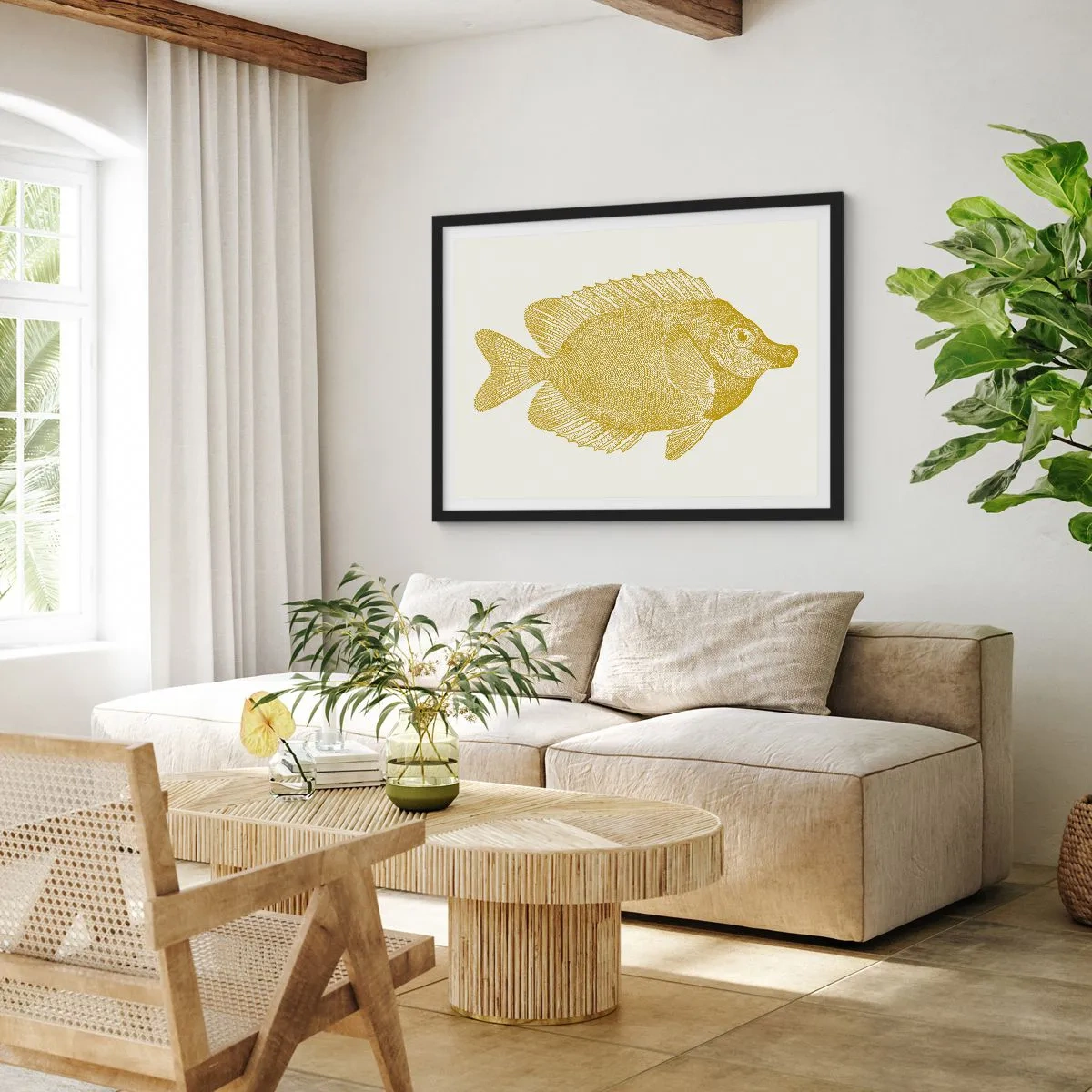 Poster in einem schwarzem Rahmen - Vintage Goldfisch auf hellem Hintergrund - 100x70cm - Fisch und das war’s - Moderne Wanddekoration für Wohnzimmer und Schlafzimmer ARTTOR