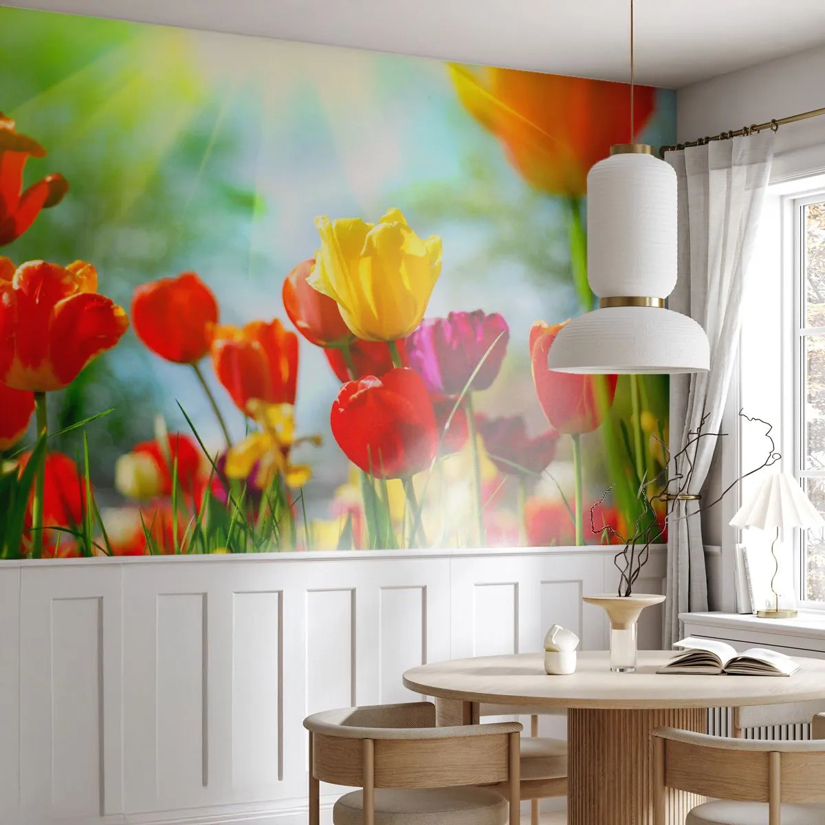 Fototapete Premium Sand - Alle Farben der Sonne - Tulpen, Blumen, Wiese - 300x210 cm