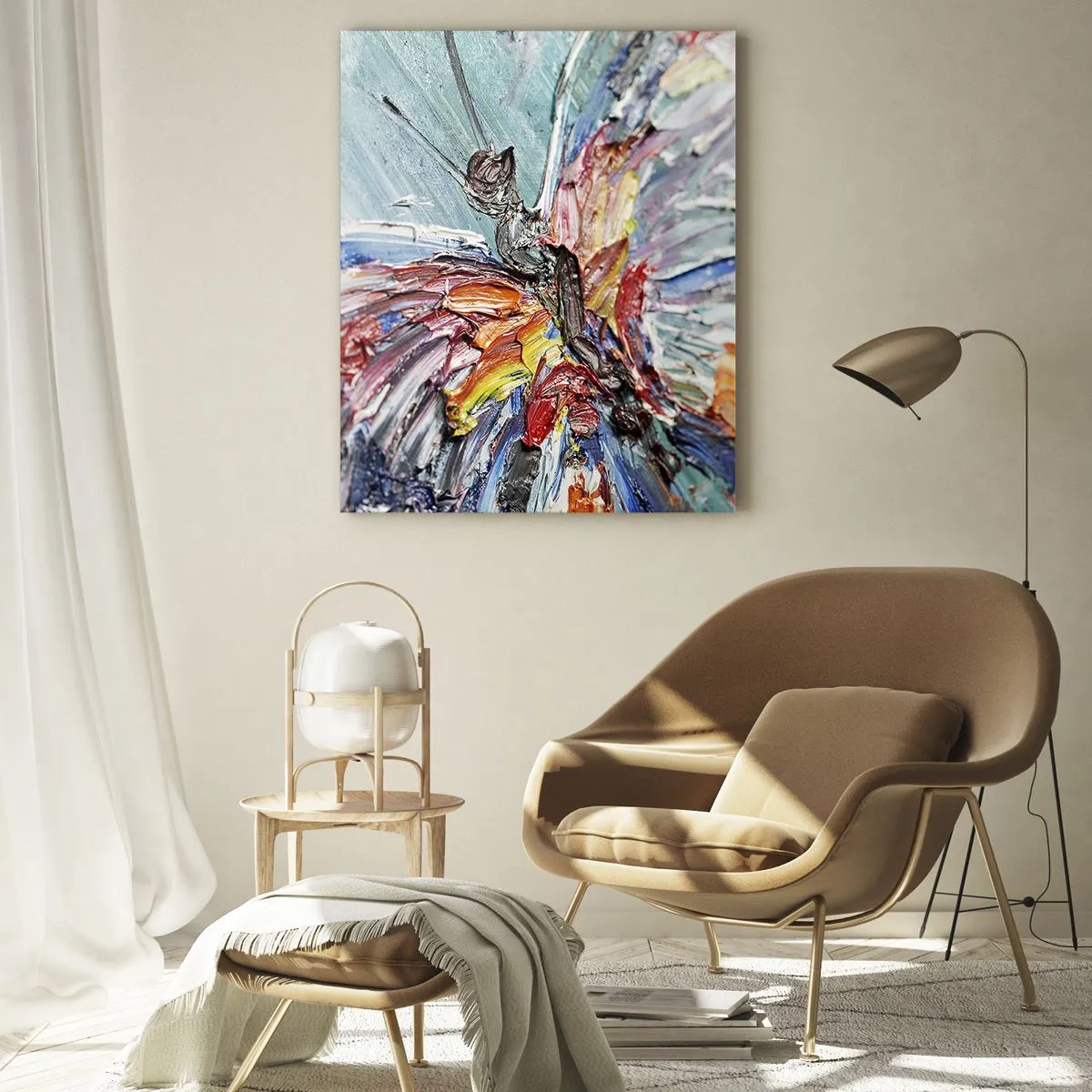 Glasbild - Bild auf glas - Bunter Impasto-Schmetterling auf pastellfarbenem Hintergrund - 80x120cm - Von der Natur gemalt - Moderne Wanddekoration für Wohnzimmer und Schlafzimmer ARTTOR