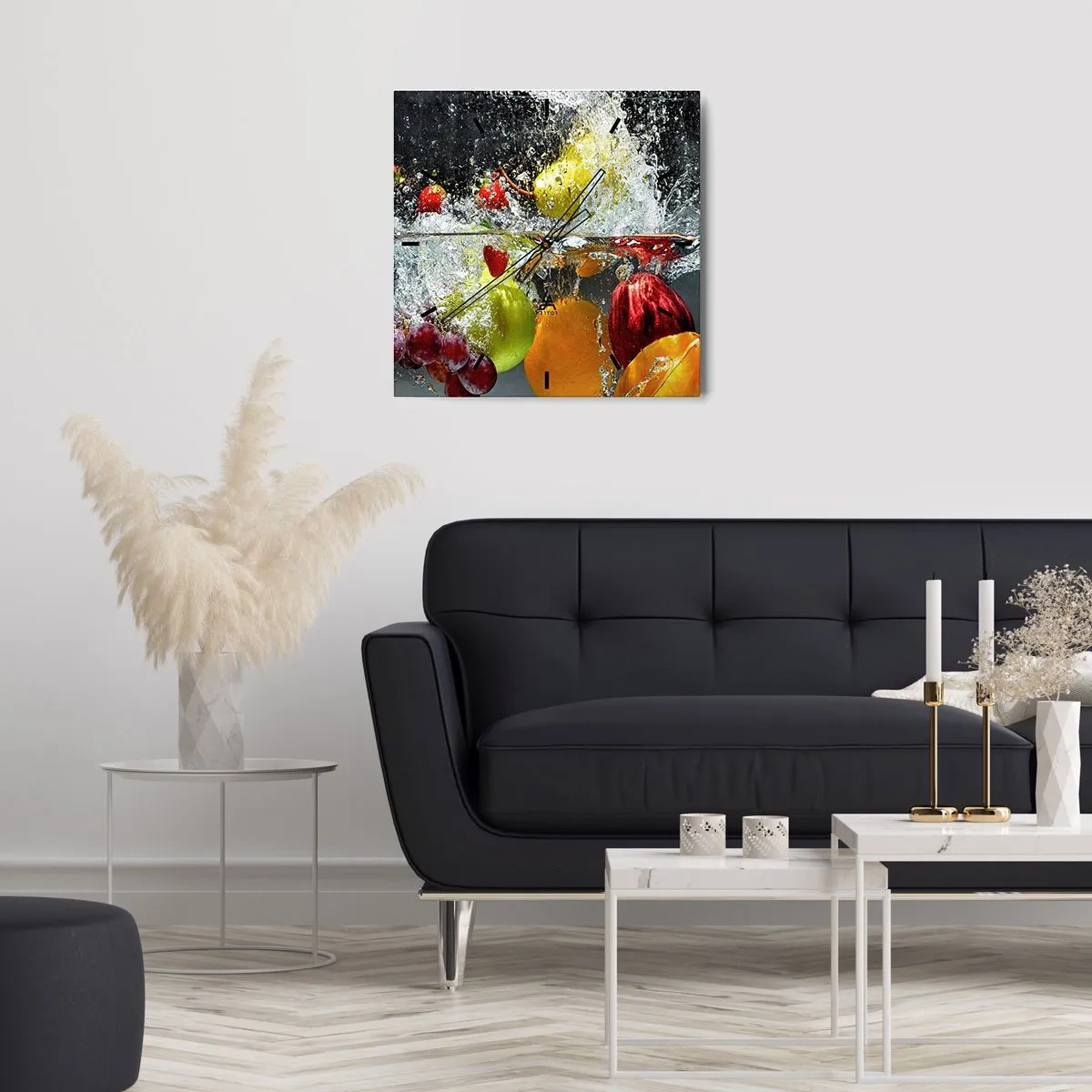 Wanduhr - Glasuhr - Bunte Früchte im Wasser bei dynamischer Immersion - 30x30cm - Fruchterfrischung - Moderne Wanddekoration für Wohnzimmer und Schlafzimmer ARTTOR