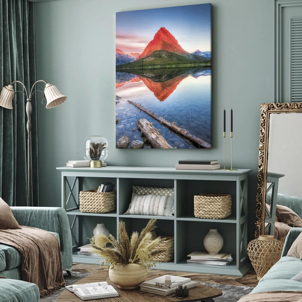 Bild auf Leinwand - Leinwandbild - Ein Berg, der sich bei Sonnenuntergang in einem See spiegelt - 50x70cm - Hitze und Kälte - Moderne Wanddekoration für Wohnzimmer und Schlafzimmer ARTTOR
