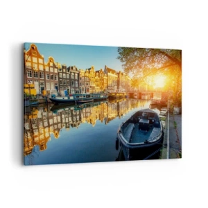 Bild auf Leinwand - Leinwandbild - Amsterdamer Kanal bei Sonnenuntergang - 120x80cm - Morgen in Amsterdam - Moderne Wanddekoration für Wohnzimmer und Schlafzimmer ARTTOR