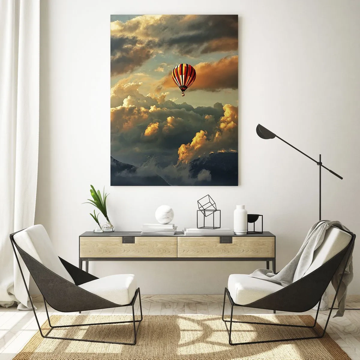 Glasbild - Bild auf glas - Ein Ballon, der bei Sonnenuntergang zwischen den Wolken über den Bergen schwebt - 50x70cm - Ich fliege, weil ich es will - Moderne Wanddekoration für Wohnzimmer und Schlafzimmer ARTTOR