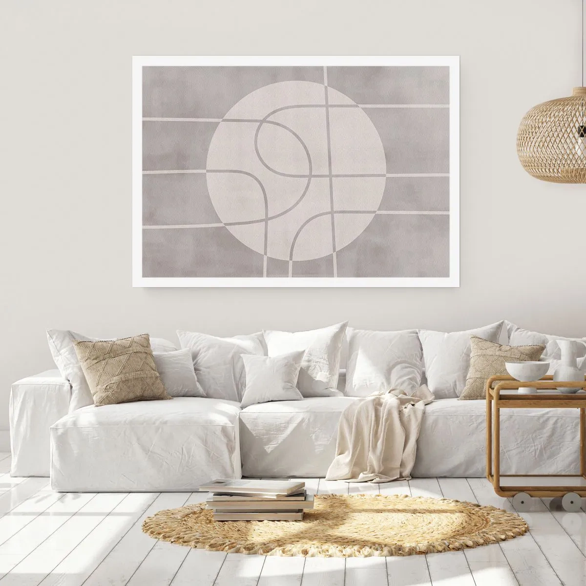 Poster - Geometrisches Muster in Grau- und Weißtönen - 100x70cm - Kreisförmig und geradeaus - Moderne Wanddekoration für Wohnzimmer und Schlafzimmer ARTTOR