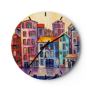 Wanduhr - Glasuhr - Bunte Mietshäuser im impressionistischen Stil spiegeln sich im Wasser - 30x30cm - Stadt wie aus einem Märchen - Moderne Wanddekoration für Wohnzimmer, Küche und Schlafzimmer ARTTOR