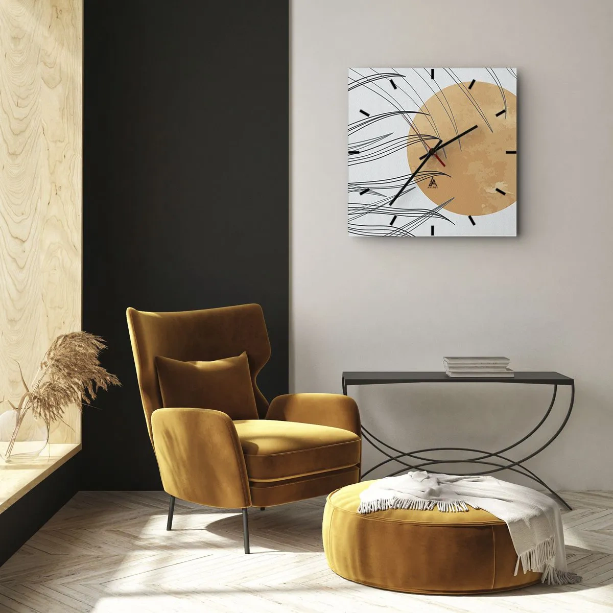 Wanduhr - Glasuhr - Abstrakte Grashalme vor dem Hintergrund einer großen orangefarbenen Sonne - 30x30cm - Immer der Sonne entgegen - Moderne Wanddekoration für Wohnzimmer und Schlafzimmer ARTTOR