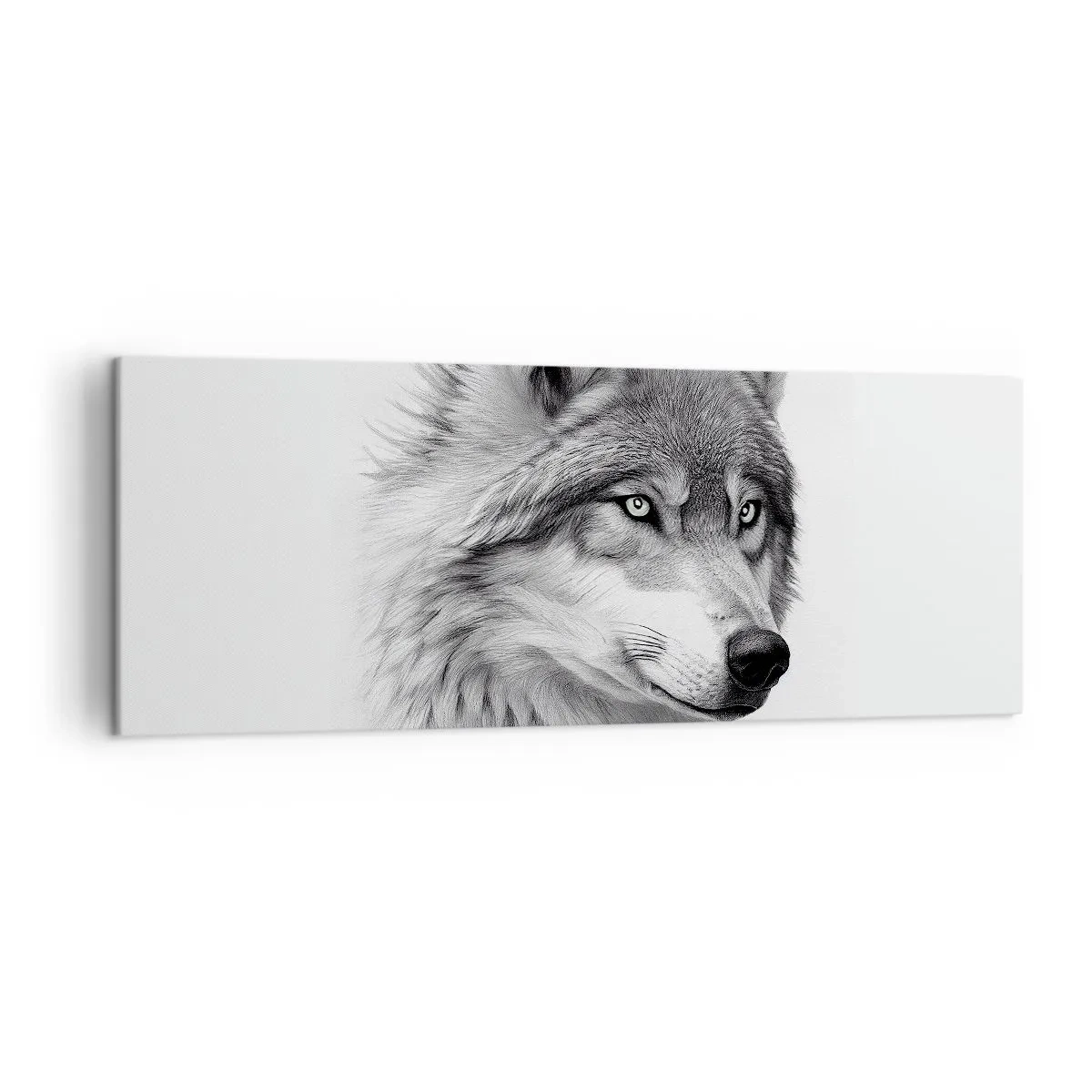 Bild auf Leinwand - Leinwandbild - Ein realistisches Porträt eines Wolfes in Grautönen. - 140x50cm - Alpha – ohne Zweifel - Moderne Wanddekoration für Wohnzimmer und Schlafzimmer ARTTOR