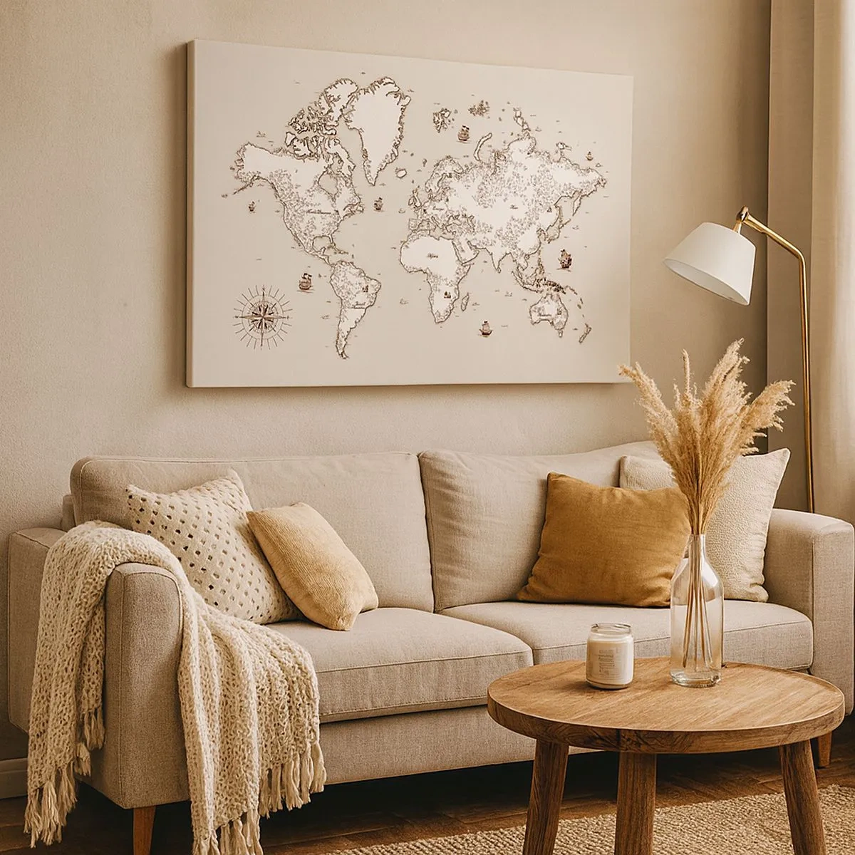 Bild auf Leinwand - Leinwandbild - Eine stilisierte Weltkarte in Beige- und Brauntönen. - 70x50cm - Reise um die Welt - Moderne Wanddekoration für Wohnzimmer und Schlafzimmer ARTTOR