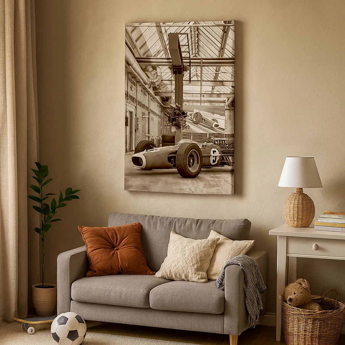 Bild auf Leinwand - Leinwandbild - Schwarz-weißer Rennwagen in einem industriellen Interieur - 50x70cm - Die Siegerruhe - Moderne Wanddekoration für Wohnzimmer und Schlafzimmer ARTTOR