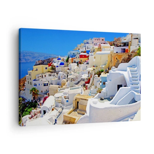 Bild auf Leinwand - Leinwandbild - Panorama von Santorini mit weißen Häusern und blauem Himmel - 70x50cm - Der Traum vom griechischen Sommer - Moderne Wanddekoration für Wohnzimmer und Schlafzimmer ARTTOR