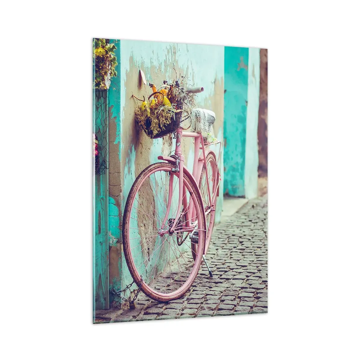 Glasbild - Bild auf glas - Ein rosa Fahrrad neben einer türkisfarbenen Tür - 80x120cm - Ich komme gleich wieder - Moderne Wanddekoration für Wohnzimmer und Schlafzimmer ARTTOR