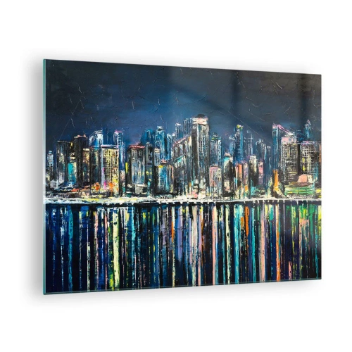 Glasbild - Bild auf glas - Panorama der Stadt bei Nacht mit den im Wasser reflektierten Lichtern - 70x50cm - Kaskade von Lichtern - Moderne Wanddekoration für Wohnzimmer und Schlafzimmer ARTTOR