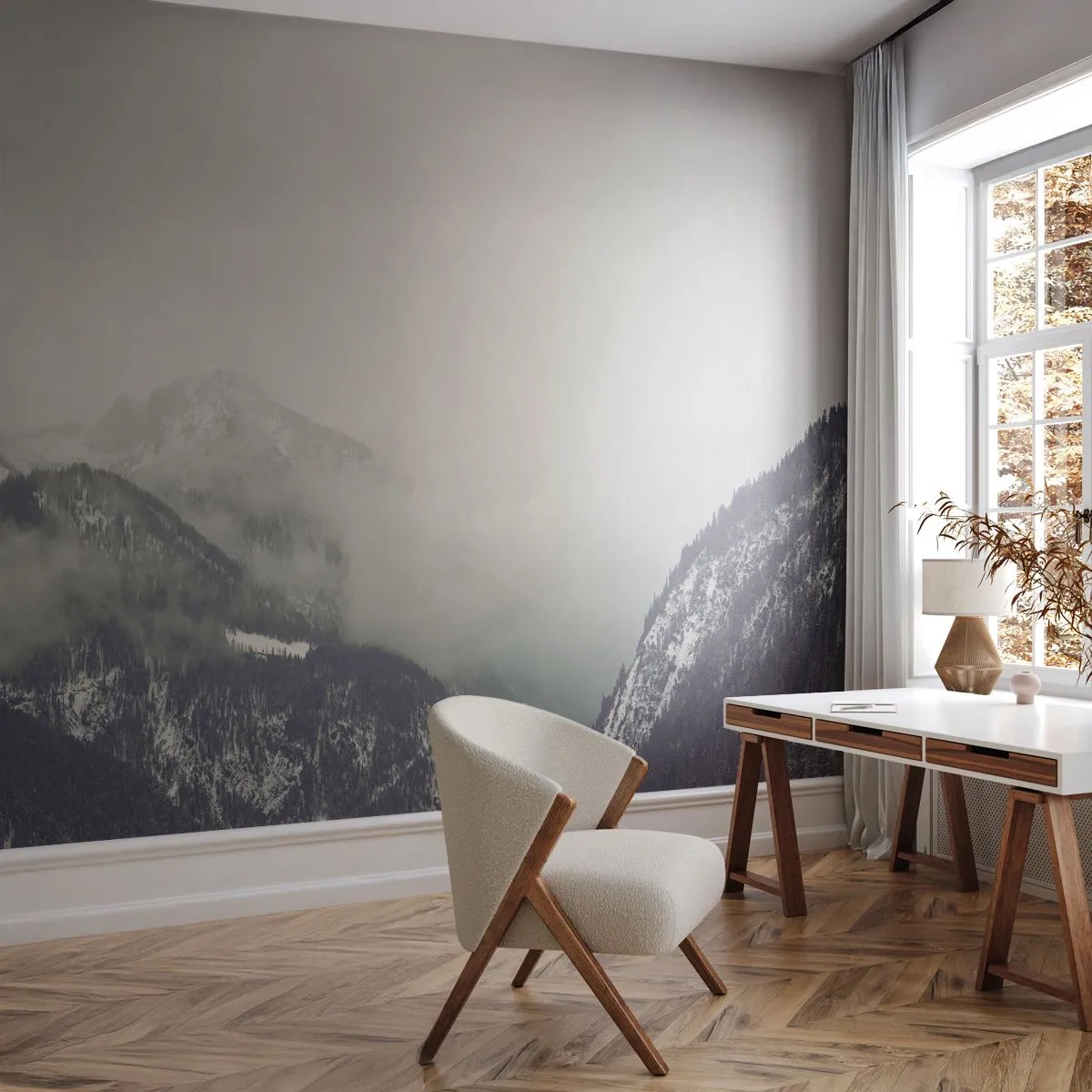 Fototapete Premium Sand - Nebliges Tal - Berge, Wald, Landschaft - 150x105 cm