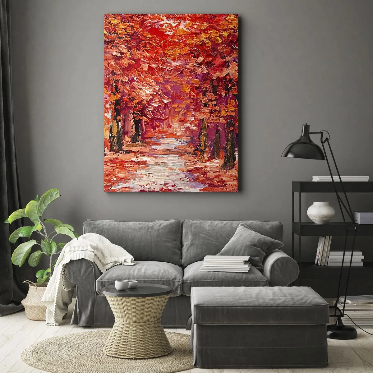 Bild auf Leinwand - Leinwandbild - Eine malerische Gasse in herbstlichen Farben im impressionistischen Stil - 80x120cm - Herbstlicher Eindruck - Moderne Wanddekoration für Wohnzimmer und Schlafzimmer ARTTOR