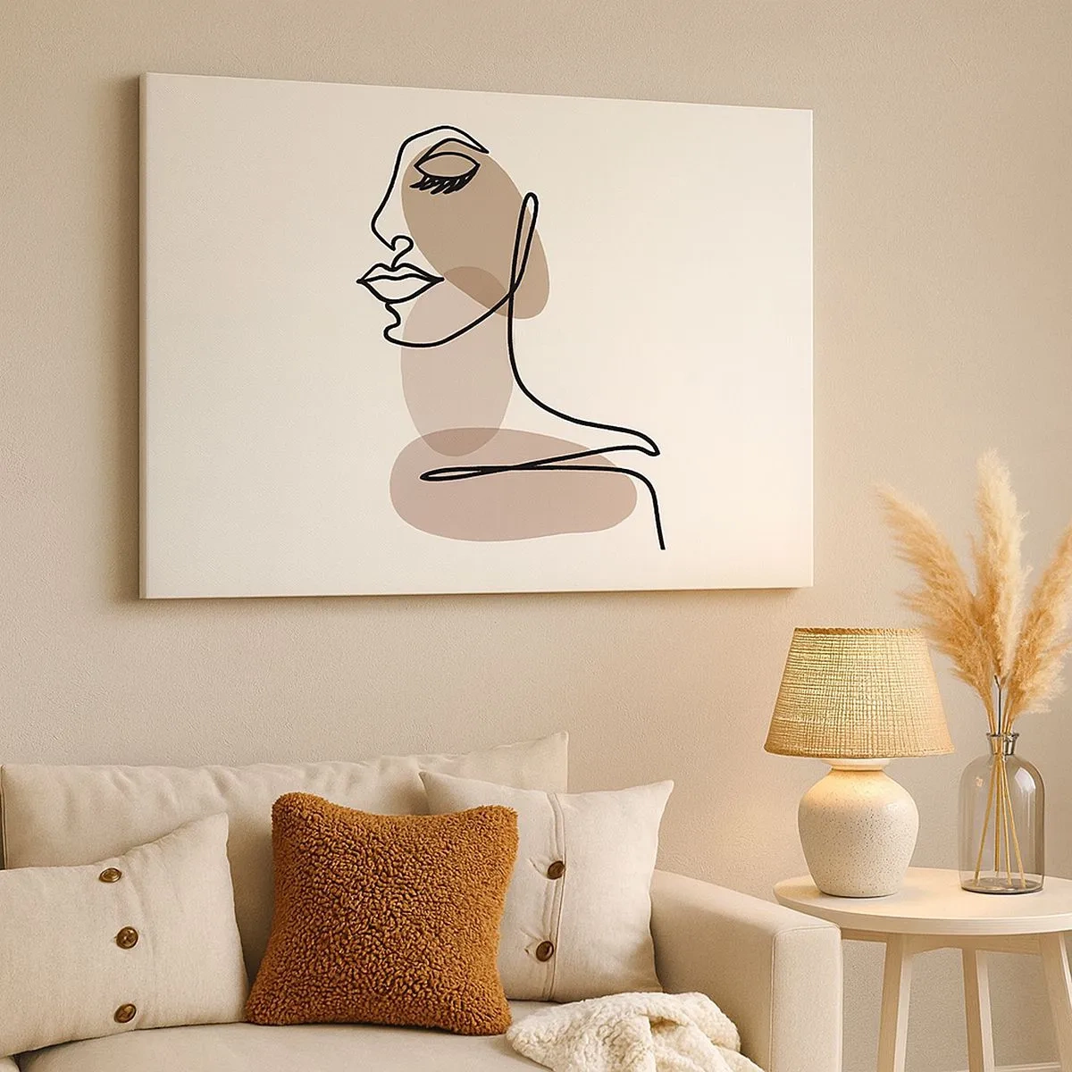 Bild auf Leinwand - Leinwandbild - Minimalistisches Frauengesicht mit abstrakten Flecken - 70x50cm - Sich selbst zugehört - Moderne Wanddekoration für Wohnzimmer und Schlafzimmer ARTTOR