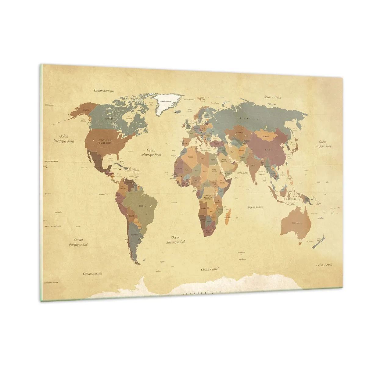 Glasbild - Bild auf glas - Eine Weltkarte in Beige- und Brauntönen auf Vintage-Hintergrund. - 120x80cm - Für dich - die ganze Welt - Moderne Wanddekoration für Wohnzimmer und Schlafzimmer ARTTOR