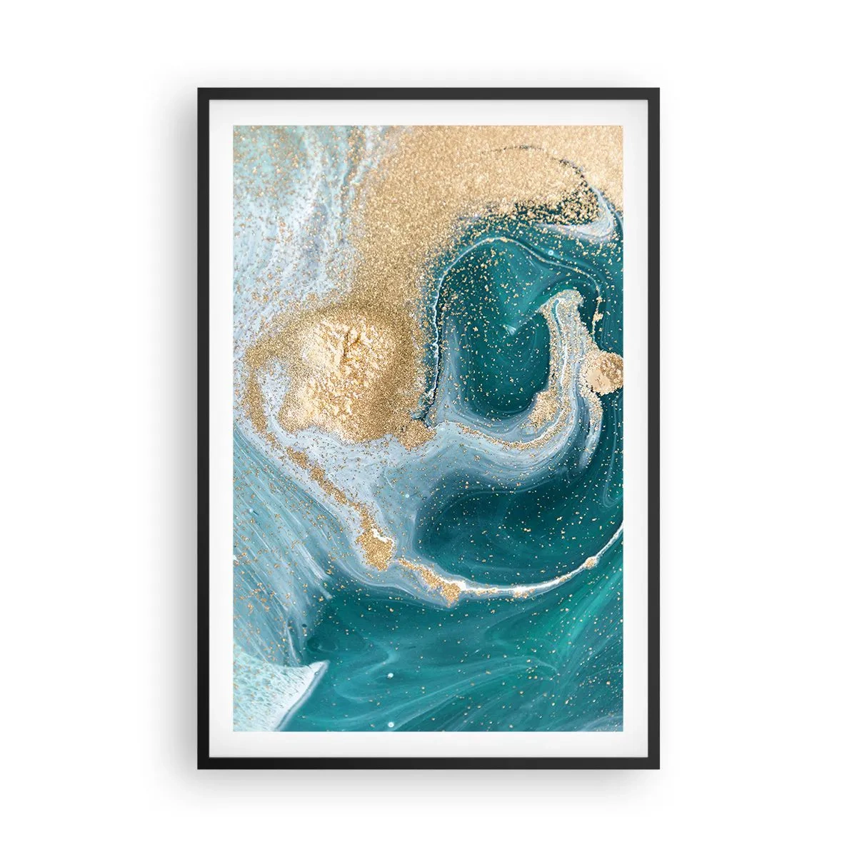 Poster in einem schwarzem Rahmen - Ein Strudel aus Gold und Türkis - 61x91 cm