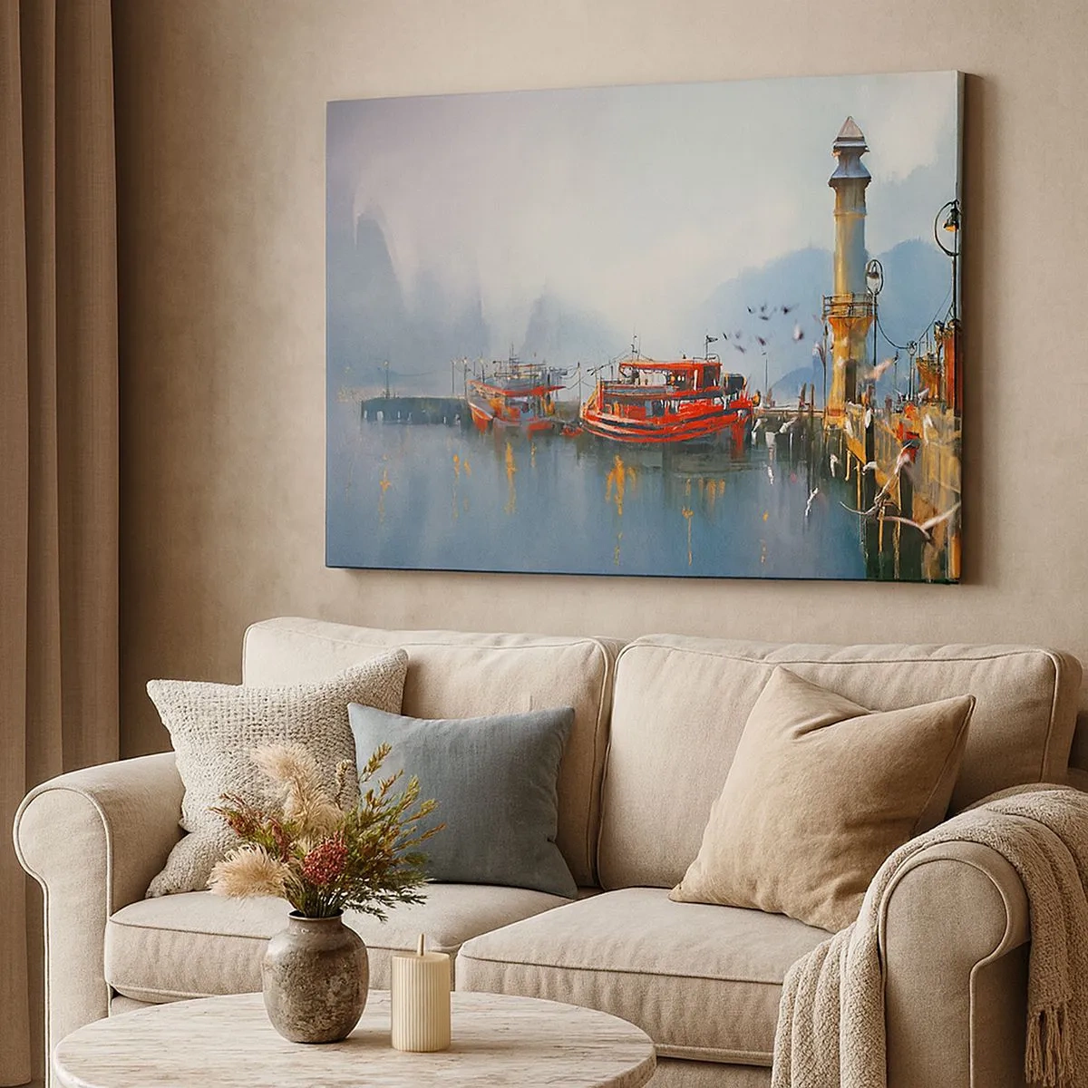 Bild auf Leinwand - Leinwandbild - Ein Hafen mit roten Booten, umgeben von einer nebligen Landschaft - 70x50cm - Am Ende der Welt - Moderne Wanddekoration für Wohnzimmer und Schlafzimmer ARTTOR