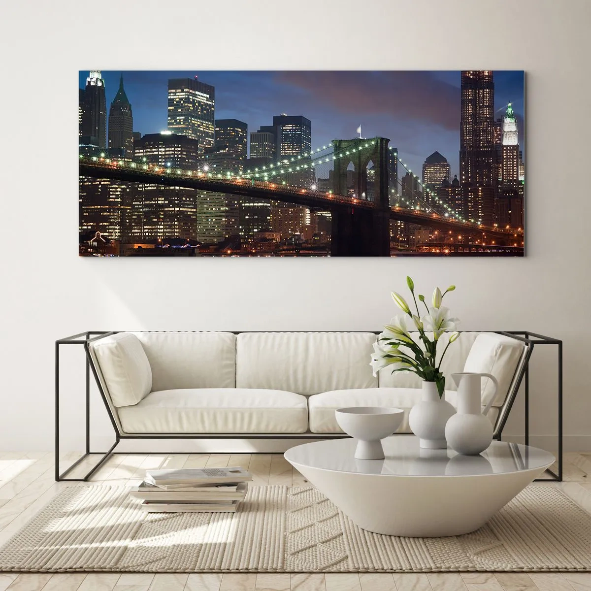 Glasbild - Bild auf glas - New York City Bridge bei Nacht mit beleuchteten Gebäuden - 120x50cm - Leuchtende Nacht - Moderne Wanddekoration für Wohnzimmer und Schlafzimmer ARTTOR