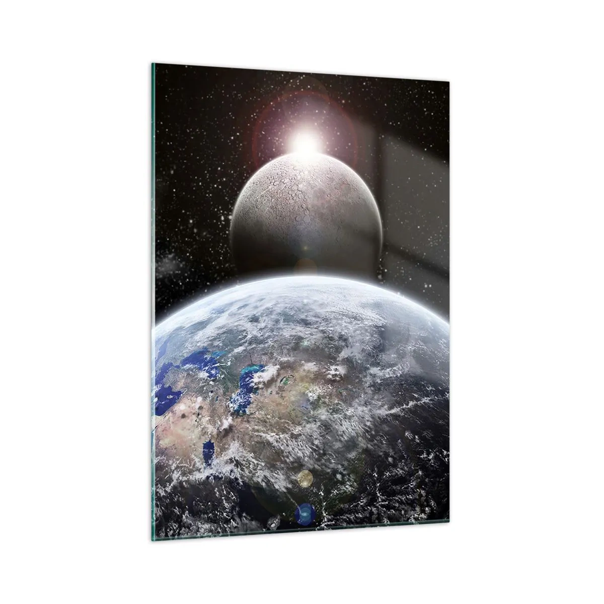 Glasbild - Bild auf glas - Erde und Mond im Weltraum - 50x70cm - Weltraumlandschaft - Sonnenaufgang - Moderne Wanddekoration für Wohnzimmer und Schlafzimmer ARTTOR
